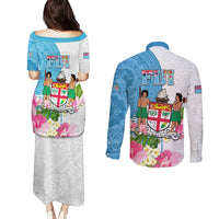 Fiji Day Couples Matching Puletasi Dress and Long Sleeve Button Shirts Tanoa Hibiscus Fijian Tapa Masi Pattern LT05 - Polynesian Pride