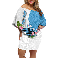 Fiji Day Off Shoulder Short Dress Tanoa Hibiscus Fijian Tapa Masi Pattern LT05 Women White - Polynesian Pride