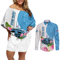 Personalized Fiji Day Couples Matching Off Shoulder Short Dress and Long Sleeve Button Shirts Tanoa Hibiscus Fijian Tapa Masi Pattern LT05 White - Polynesian Pride