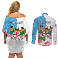 Personalized Fiji Day Couples Matching Off Shoulder Short Dress and Long Sleeve Button Shirts Tanoa Hibiscus Fijian Tapa Masi Pattern LT05 - Polynesian Pride