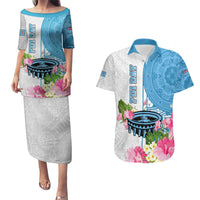 Personalized Fiji Day Couples Matching Puletasi Dress and Hawaiian Shirt Tanoa Hibiscus Fijian Tapa Masi Pattern LT05 White - Polynesian Pride