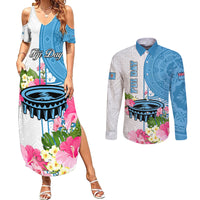 Personalized Fiji Day Couples Matching Summer Maxi Dress and Long Sleeve Button Shirts Tanoa Hibiscus Fijian Tapa Masi Pattern LT05 White - Polynesian Pride