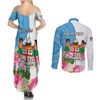 Personalized Fiji Day Couples Matching Summer Maxi Dress and Long Sleeve Button Shirts Tanoa Hibiscus Fijian Tapa Masi Pattern LT05 - Polynesian Pride