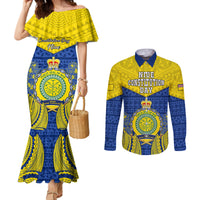 Niue Constitution Day Couples Matching Mermaid Dress and Long Sleeve Button Shirts Coat Of Arms Niuean Hiapo Pattern LT05 Yellow - Polynesian Pride