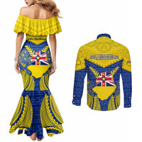Niue Constitution Day Couples Matching Mermaid Dress and Long Sleeve Button Shirts Coat Of Arms Niuean Hiapo Pattern LT05 - Polynesian Pride