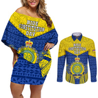 Niue Constitution Day Couples Matching Off Shoulder Short Dress and Long Sleeve Button Shirts Coat Of Arms Niuean Hiapo Pattern LT05 Yellow - Polynesian Pride
