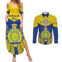 Niue Constitution Day Couples Matching Summer Maxi Dress and Long Sleeve Button Shirts Coat Of Arms Niuean Hiapo Pattern LT05 Yellow - Polynesian Pride