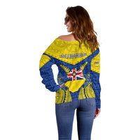 Niue Constitution Day Off Shoulder Sweater Coat Of Arms Niuean Hiapo Pattern LT05 - Polynesian Pride