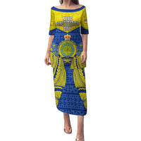 Niue Constitution Day Puletasi Coat Of Arms Niuean Hiapo Pattern LT05 Long Dress Yellow - Polynesian Pride