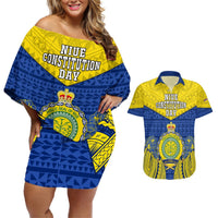 Personalized Niue Constitution Day Couples Matching Off Shoulder Short Dress and Hawaiian Shirt Coat Of Arms Niuean Hiapo Pattern LT05 Yellow - Polynesian Pride