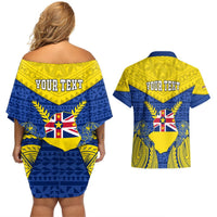 Personalized Niue Constitution Day Couples Matching Off Shoulder Short Dress and Hawaiian Shirt Coat Of Arms Niuean Hiapo Pattern LT05 - Polynesian Pride
