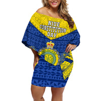 Personalized Niue Constitution Day Off Shoulder Short Dress Coat Of Arms Niuean Hiapo Pattern LT05 Women Yellow - Polynesian Pride