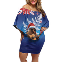 New Zealand Kiwi Christmas Off Shoulder Short Dress Xmas Vibe LT05 Women Blue - Polynesian Pride