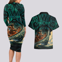Personalised New Zealand Tamaki Herenga Waka Festival Couples Matching Long Sleeve Bodycon Dress and Hawaiian Shirt Maori Pattern LT05 - Polynesian Pride