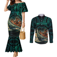 Personalised New Zealand Tamaki Herenga Waka Festival Couples Matching Mermaid Dress and Long Sleeve Button Shirt Maori Pattern LT05 Dark Turquoise - Polynesian Pride