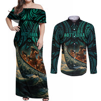 Personalised New Zealand Tamaki Herenga Waka Festival Couples Matching Off Shoulder Maxi Dress and Long Sleeve Button Shirt Maori Pattern LT05 Dark Turquoise - Polynesian Pride
