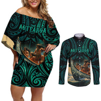 Personalised New Zealand Tamaki Herenga Waka Festival Couples Matching Off Shoulder Short Dress and Long Sleeve Button Shirt Maori Pattern LT05 Dark Turquoise - Polynesian Pride