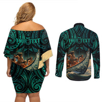 Personalised New Zealand Tamaki Herenga Waka Festival Couples Matching Off Shoulder Short Dress and Long Sleeve Button Shirt Maori Pattern LT05 - Polynesian Pride