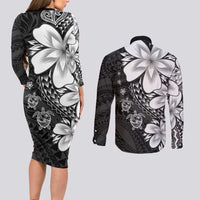 Polynesia Romantic Valentine Couples Matching Long Sleeve Bodycon Dress and Long Sleeve Button Shirt Sea Turtle Couple With Black Plumeria
