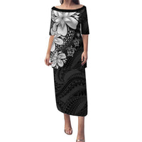 Polynesia Romantic Valentine Family Matching Puletasi and Hawaiian Shirt Sea Turtle Couple With Black Plumeria