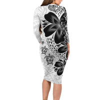 Polynesia Romantic Valentine Family Matching Long Sleeve Bodycon Dress and Hawaiian Shirt Sea Turtle Couple With White Plumeria