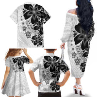 Polynesia Romantic Valentine Family Matching Off The Shoulder Long Sleeve Dress and Hawaiian Shirt Sea Turtle Couple With White Plumeria