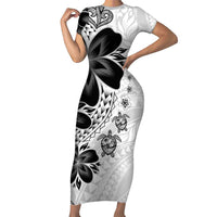 Polynesia Romantic Valentine Family Matching Short Sleeve Bodycon Dress and Hawaiian Shirt Sea Turtle Couple With White Plumeria