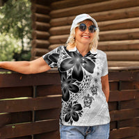 Polynesia Romantic Valentine Women Polo Shirt Sea Turtle Couple With White Plumeria