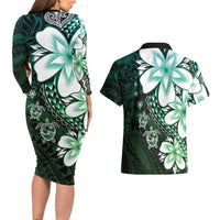 Polynesia Romantic Valentine Couples Matching Long Sleeve Bodycon Dress and Hawaiian Shirt Sea Turtle Couple With Aqua Gradient Plumeria LT05 - Polynesian Pride