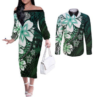 Polynesia Romantic Valentine Couples Matching Off The Shoulder Long Sleeve Dress and Long Sleeve Button Shirt Sea Turtle Couple With Aqua Gradient Plumeria LT05 Aqua - Polynesian Pride