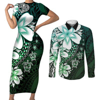 Polynesia Romantic Valentine Couples Matching Short Sleeve Bodycon Dress and Long Sleeve Button Shirt Sea Turtle Couple With Aqua Gradient Plumeria LT05 Aqua - Polynesian Pride