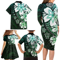 Polynesia Romantic Valentine Family Matching Long Sleeve Bodycon Dress and Hawaiian Shirt Sea Turtle Couple With Aqua Gradient Plumeria