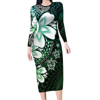 Polynesia Romantic Valentine Family Matching Long Sleeve Bodycon Dress and Hawaiian Shirt Sea Turtle Couple With Aqua Gradient Plumeria
