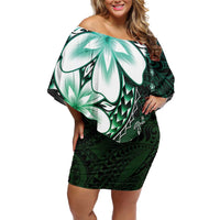 Polynesia Romantic Valentine Off Shoulder Short Dress Sea Turtle Couple With Aqua Gradient Plumeria LT05 Women Aqua - Polynesian Pride