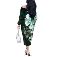 Polynesia Romantic Valentine Off The Shoulder Long Sleeve Dress Sea Turtle Couple With Aqua Gradient Plumeria
