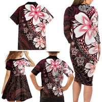 Polynesia Romantic Valentine Family Matching Long Sleeve Bodycon Dress and Hawaiian Shirt Sea Turtle Couple With Red Gradient Plumeria