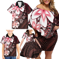 Polynesia Romantic Valentine Family Matching Off Shoulder Short Dress and Hawaiian Shirt Sea Turtle Couple With Red Gradient Plumeria