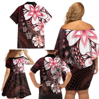 Polynesia Romantic Valentine Family Matching Off Shoulder Short Dress and Hawaiian Shirt Sea Turtle Couple With Red Gradient Plumeria