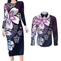 Polynesia Romantic Valentine Couples Matching Long Sleeve Bodycon Dress and Long Sleeve Button Shirt Sea Turtle Couple With Purple Gradient Plumeria