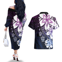 Polynesia Romantic Valentine Couples Matching Off The Shoulder Long Sleeve Dress and Hawaiian Shirt Sea Turtle Couple With Purple Gradient Plumeria LT05 - Polynesian Pride