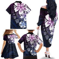 Polynesia Romantic Valentine Family Matching Off The Shoulder Long Sleeve Dress and Hawaiian Shirt Sea Turtle Couple With Purple Gradient Plumeria