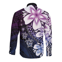 Polynesia Romantic Valentine Long Sleeve Button Shirt Sea Turtle Couple With Purple Gradient Plumeria LT05 - Polynesian Pride
