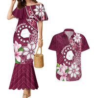 Personalised Cook Island Mangaia Gospel Day Couples Matching Mermaid Dress and Hawaiian Shirt Floral Tribal Pattern LT05 Maroon - Polynesian Pride