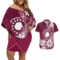Personalised Cook Island Mangaia Gospel Day Couples Matching Off Shoulder Short Dress and Hawaiian Shirt Floral Tribal Pattern LT05 Maroon - Polynesian Pride