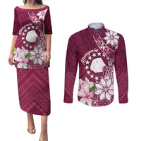 Personalised Cook Island Mangaia Gospel Day Couples Matching Puletasi and Long Sleeve Button Shirt Floral Tribal Pattern LT05 Maroon - Polynesian Pride