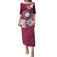 Personalised Cook Island Mangaia Gospel Day Puletasi Floral Tribal Pattern LT05 Long Dress Maroon - Polynesian Pride