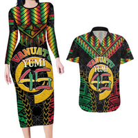 Vanuatu 46th Anniversary Independence Day Couples Matching Long Sleeve Bodycon Dress and Hawaiian Shirt Melanesian Warrior With Sand Drawing Pattern LT05 Black - Polynesian Pride