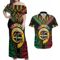 Vanuatu 46th Anniversary Independence Day Couples Matching Off Shoulder Maxi Dress and Hawaiian Shirt Melanesian Warrior With Sand Drawing Pattern LT05 Black - Polynesian Pride