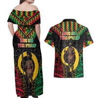 Vanuatu 46th Anniversary Independence Day Couples Matching Off Shoulder Maxi Dress and Hawaiian Shirt Melanesian Warrior With Sand Drawing Pattern LT05 - Polynesian Pride