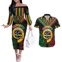 Vanuatu 46th Anniversary Independence Day Couples Matching Off The Shoulder Long Sleeve Dress and Hawaiian Shirt Melanesian Warrior With Sand Drawing Pattern LT05 Black - Polynesian Pride